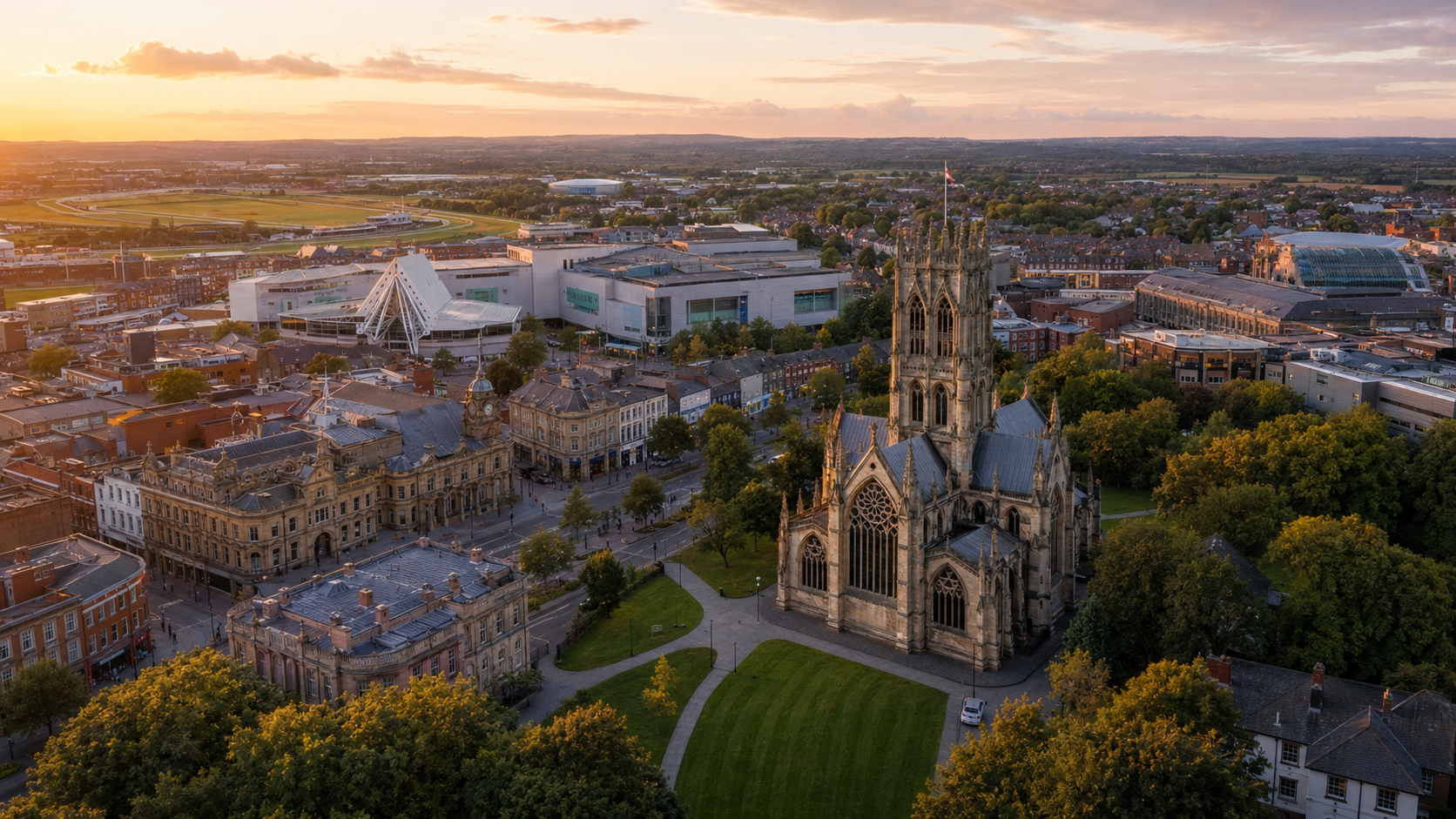 Doncaster Minster at golden hour, overlooking the town