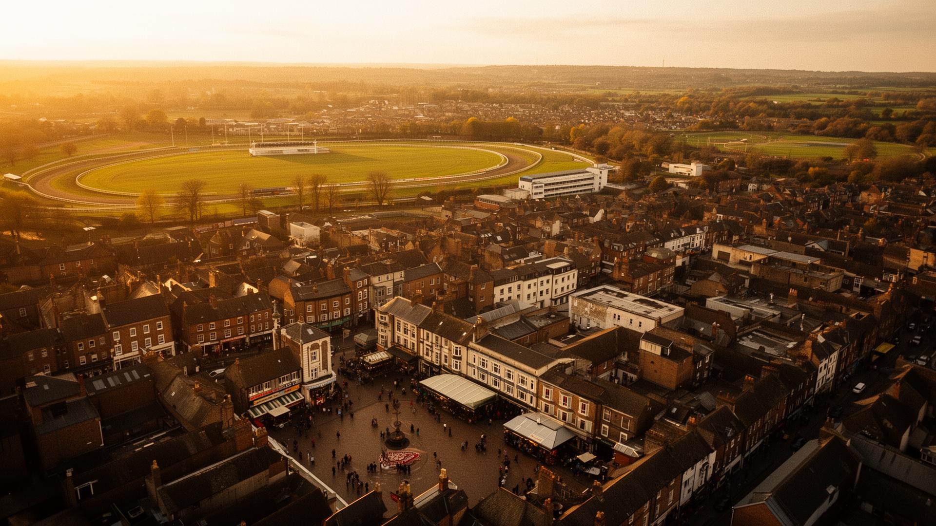 Aerial view of Doncaster town centre and racecourse at sunset