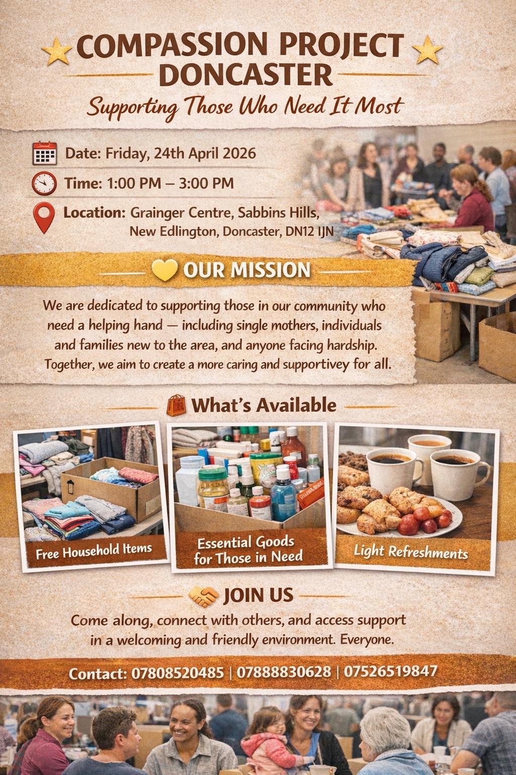 A long table of household essentials — event flyer